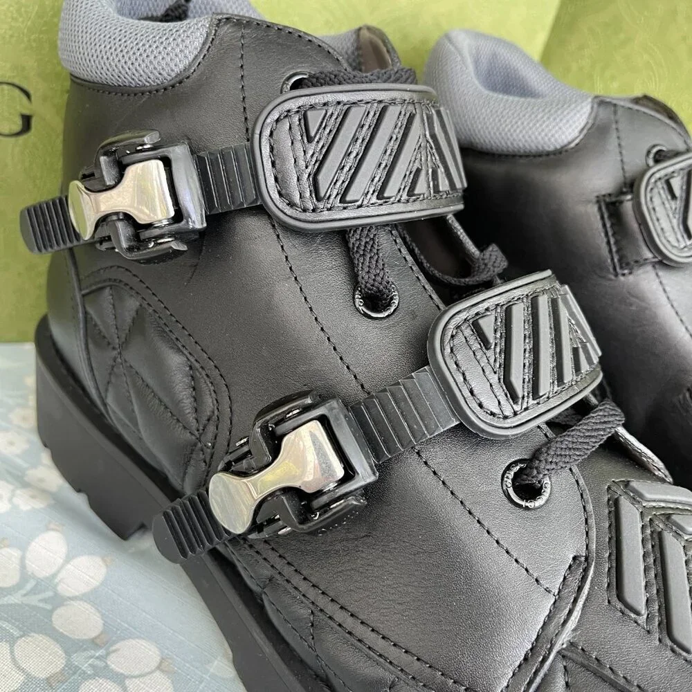 Gucci 718665 Black Leather Quebec Hi-top Calf Men's Sneakers‎ Shoe, Sz G10